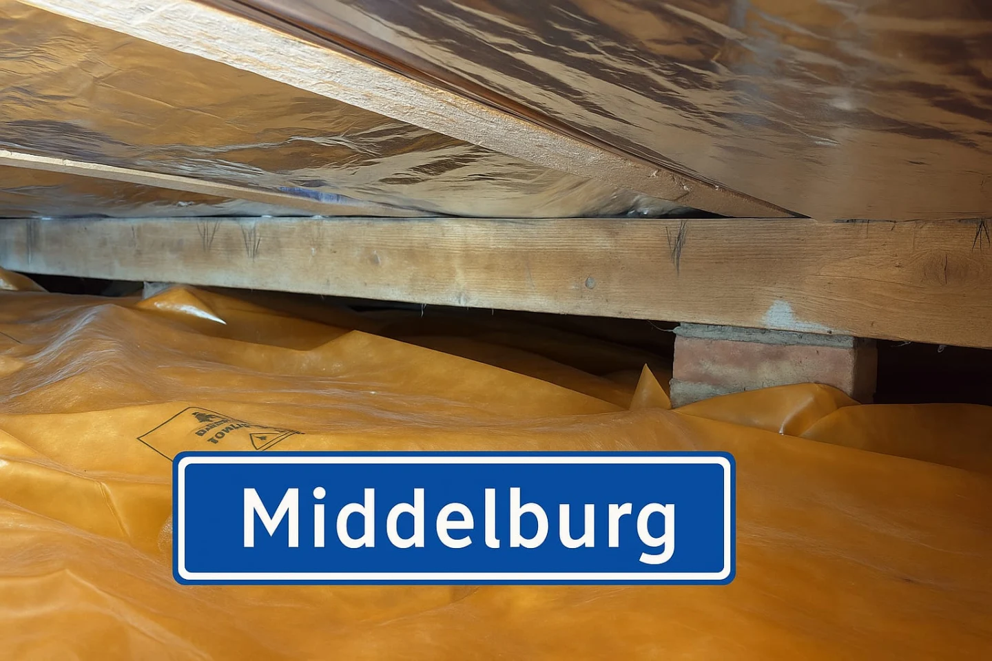 Opleverfoto van reflecterende vloerisolatie tussen houten balken met bodemfolie in Middelburg